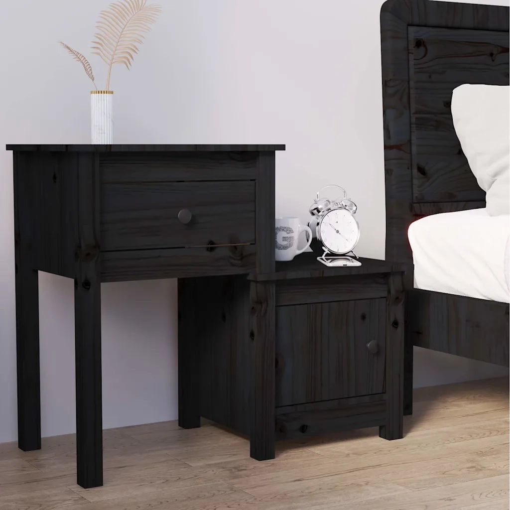 Comodino | Armadio da Notte | Mobiletto da notte Nero 79,5x38x65,5 cm in Legno Massello di Pino