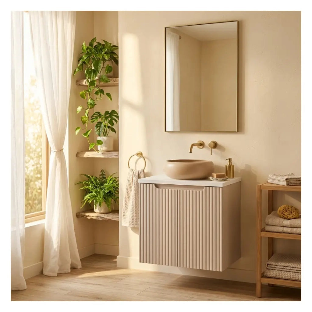 Insieme VANO cachemire e bianco 50cm: mobile sottolavabo con ante scanalate verticalmente + piano per lavabo in bianco opaco