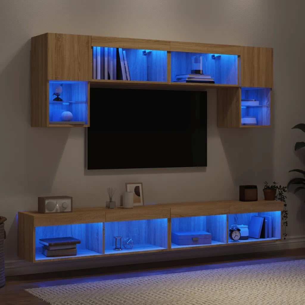 Mobili TV a Muro con LED 6 pz-Credenza per TV sospesa Rovere Sonoma Legno Multistrato 917234
