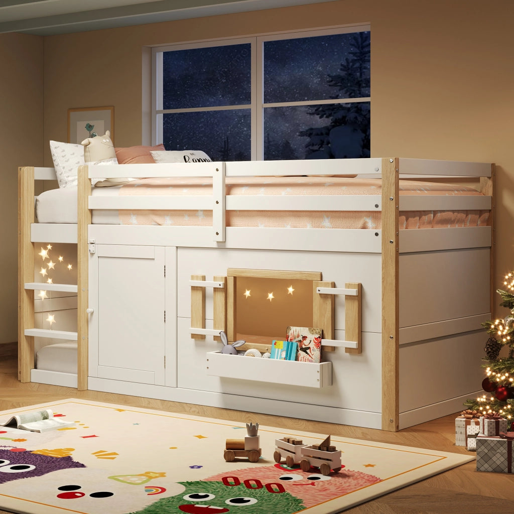 OKWISH Letto a Soppalco 90×200 cm, Letto Singolo con Scala e Spazio Gioco Modulare, senza Materasso, in Legno Massello, Bianco