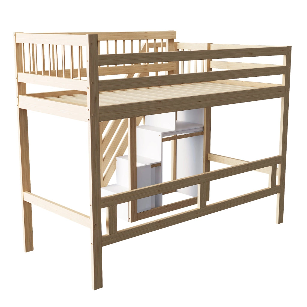 OKWISH Letto a Soppalco 90×200 cm, Letto Singolo con Scala Contenitore e Sponda, senza Materasso, in Legno, Naturale
