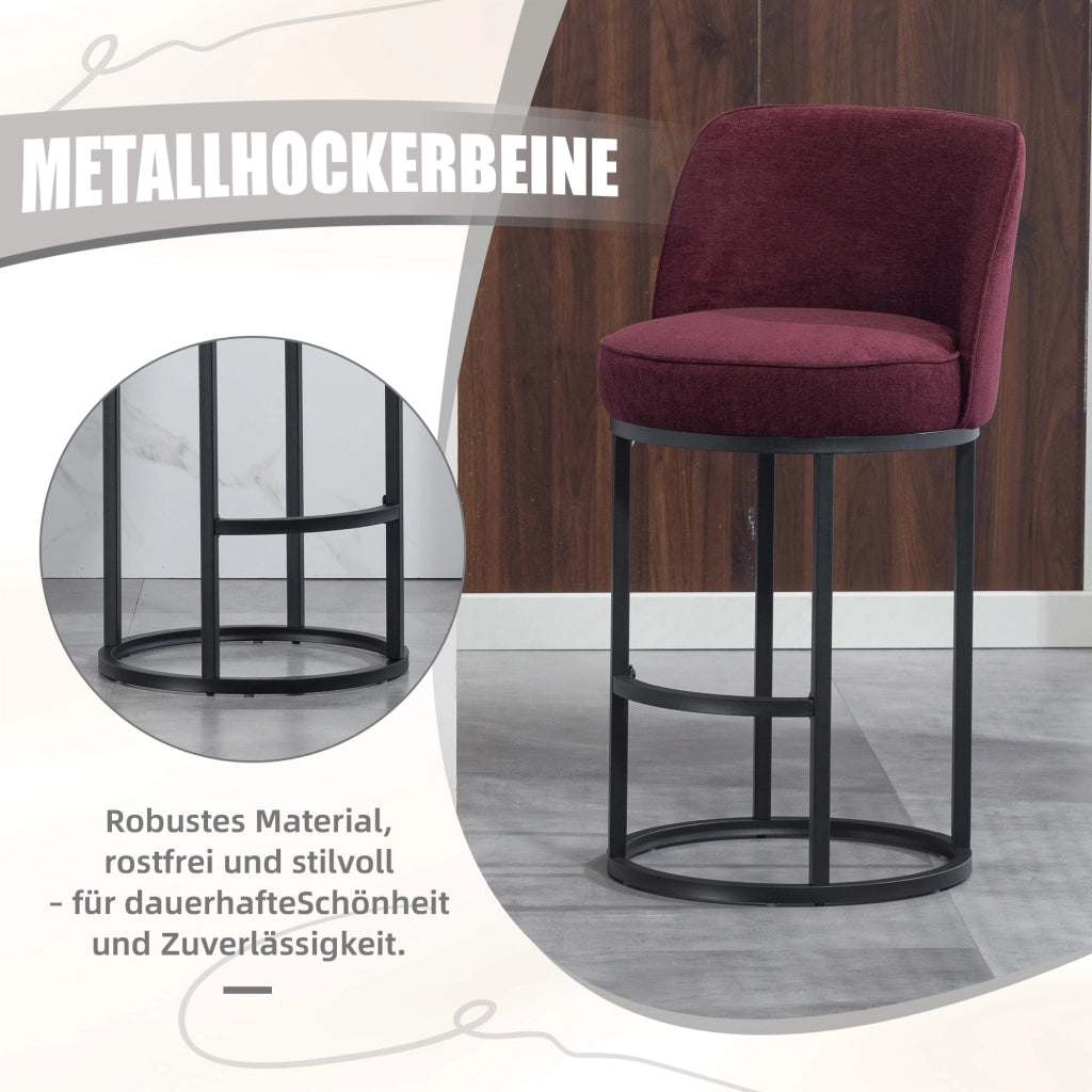 Sgabello da Bar con Schienale Ergonomico e Poggiapiedi, Struttura in Metallo, in Lino Rosso Vino