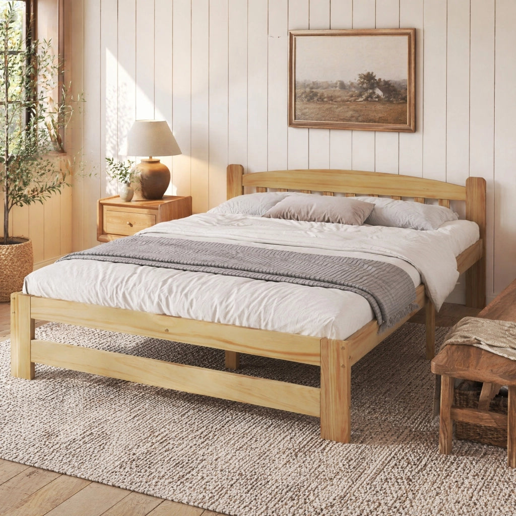 Letto matrimoniale in legno massello di pino naturale 140x200 cm con testiera e rete a doghe
