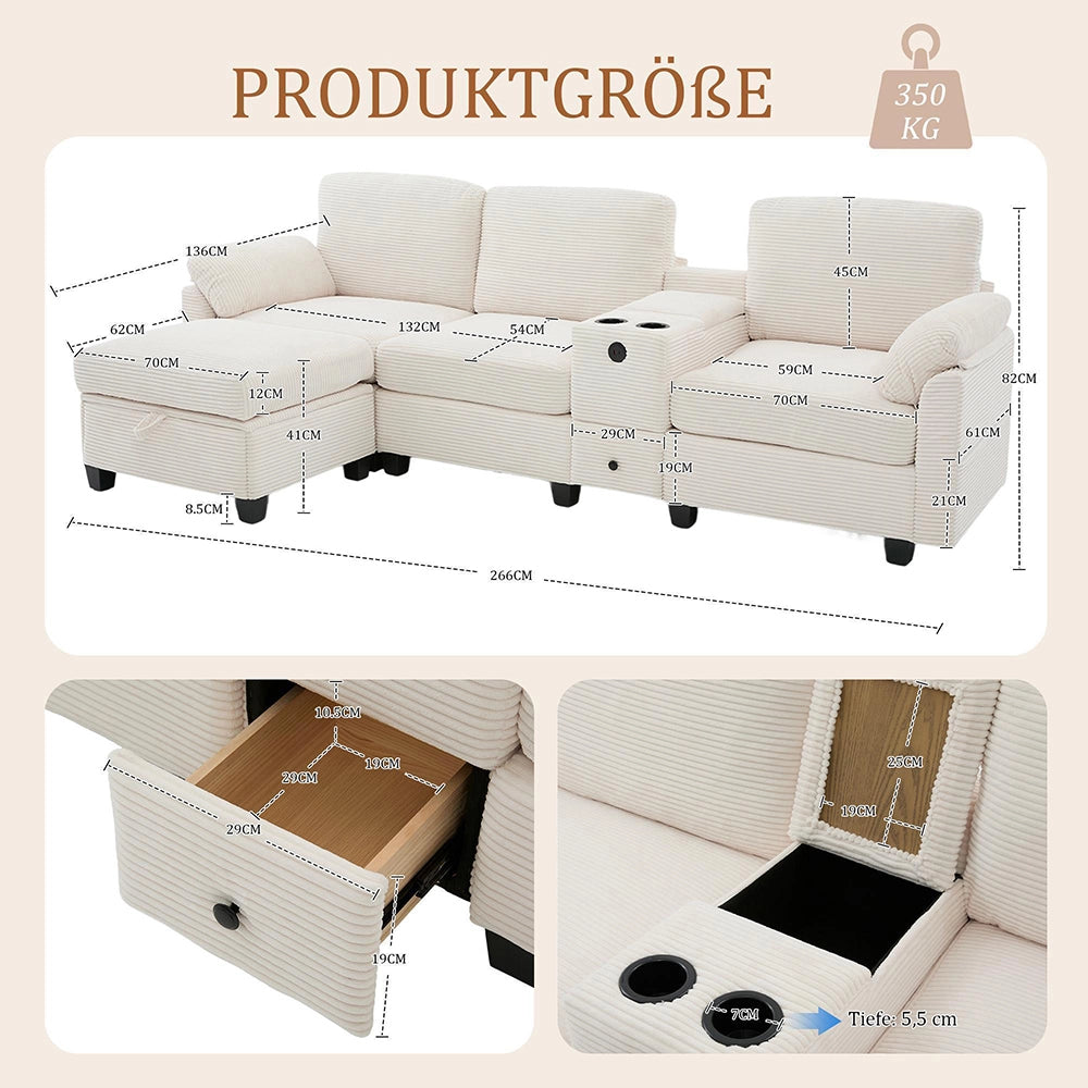 Divano grande in velluto - Xylo - Con console centrale USB-C e pouf