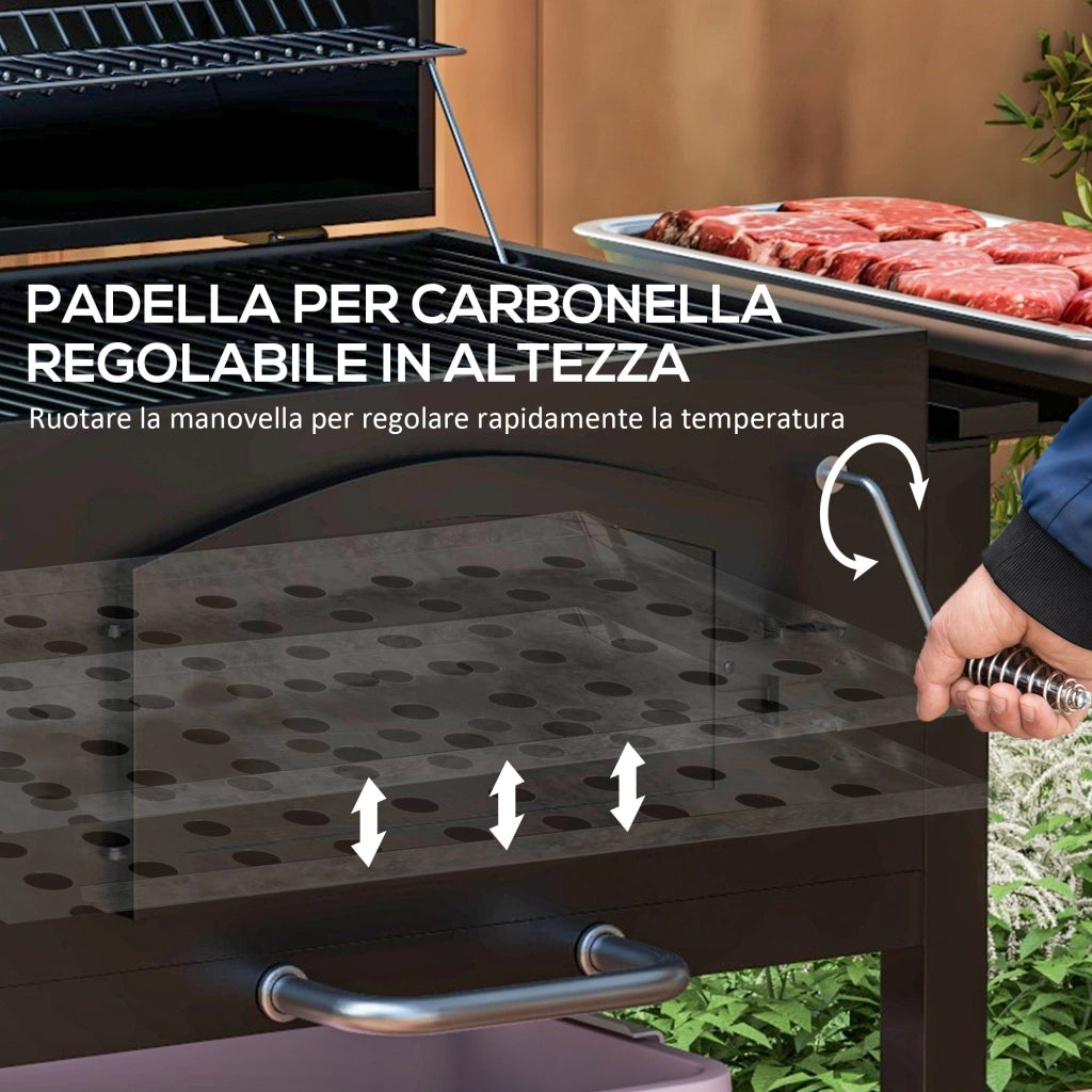 Barbecue a 2 Ruote con Griglia Affumicatore e Fornello ¨C Xylo ¨C Metallo Ghisa Nero 124x66x112cm