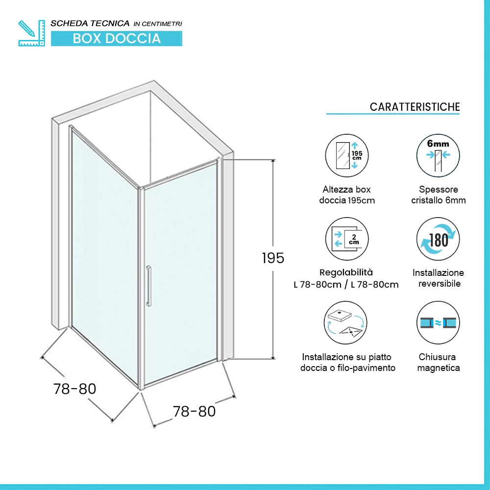Box doccia angolare 80x80 in vetro temperato trasparente battente con profili cromo Neos