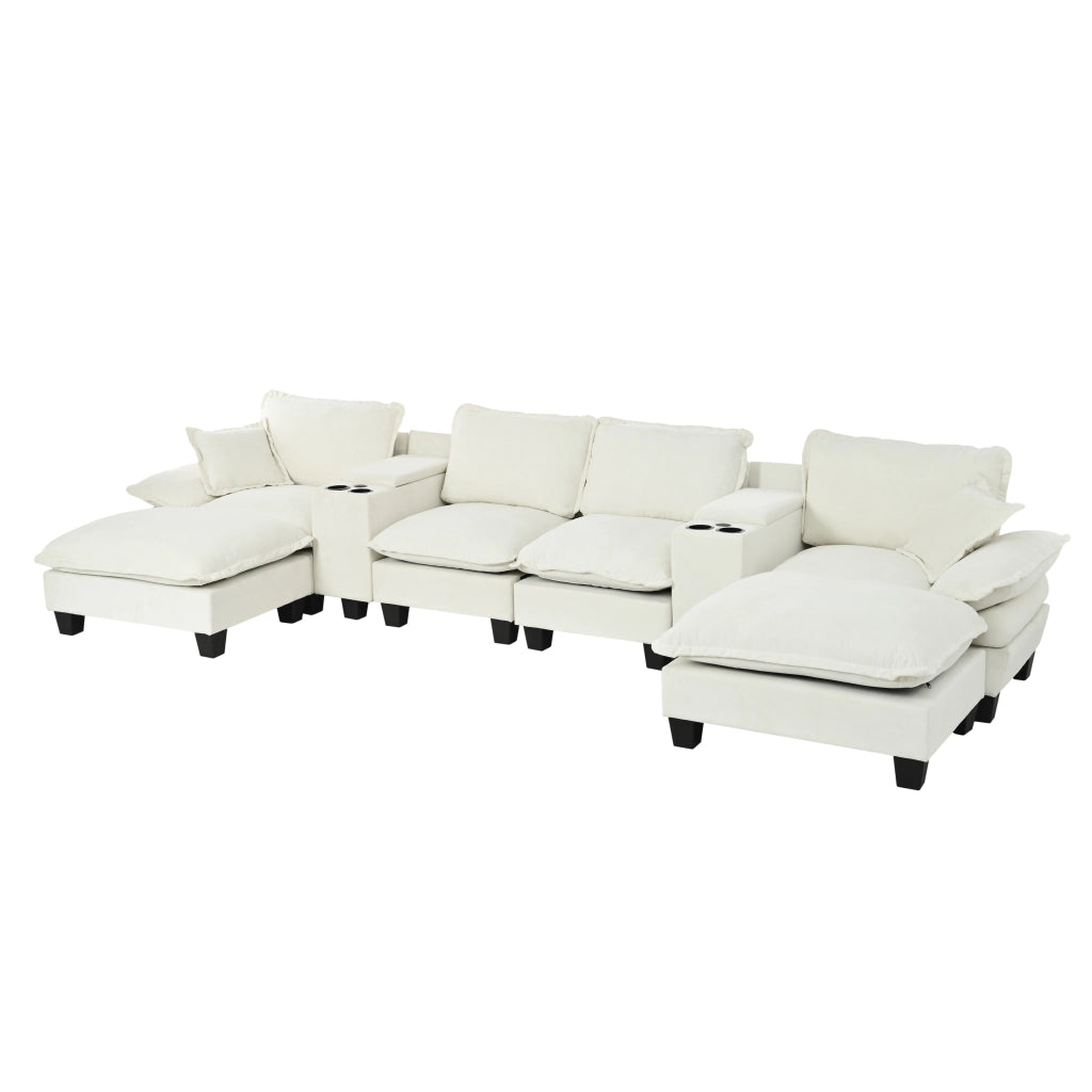 Divano Modulare U-Form con Ottomane e Cuscini ¨C Xylo ¨C Chenille, Beige, con Portabicchieri e USB