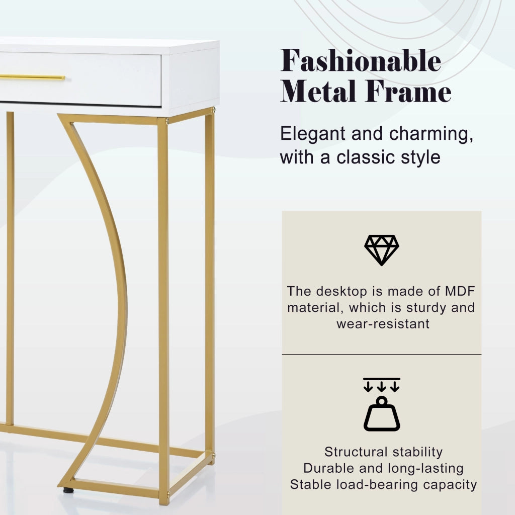 Consolle, tavolino da ingresso con 2 cassetti, tavolino laterale leggero ed elegante, tavolino da divano, 110x32x85 cm, bianco/oro