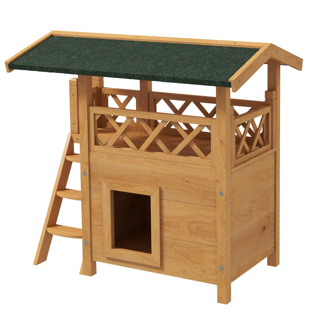 Casetta per Gatti 2 Piani con Tetto Balcone Scala ¨C Xylo ¨C Legno Naturale 77x50x73cm