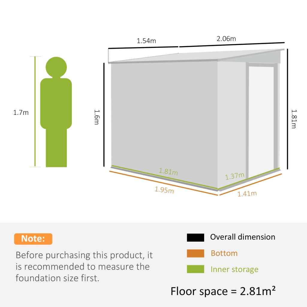 Capanno Attrezzi in Metallo 1.5x2m con Base, Porta Scorrevole e Tetto Inclinato, Grigio Chiaro
