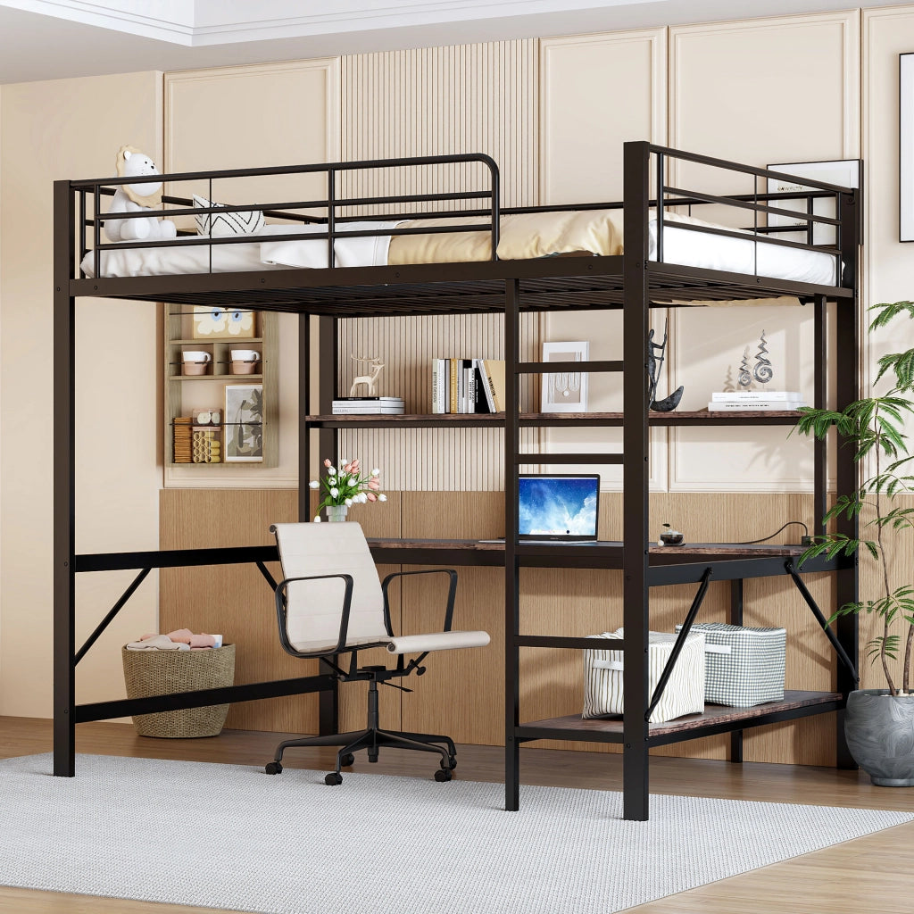 LETTO a soppalco 140x200 cm Metallo Nero con scrivania, ripiani, LED, USB