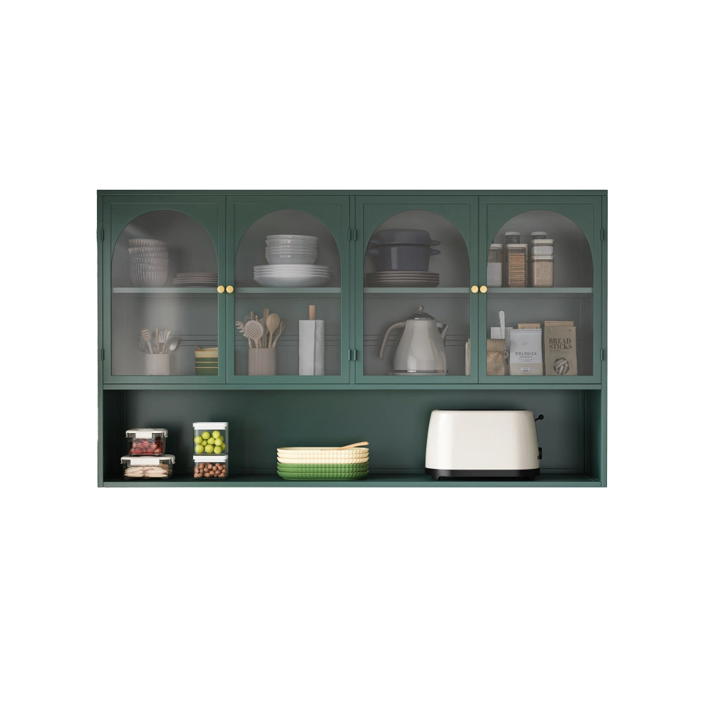 Pensile a 4 ante in vetro e metallo, stile industriale, per cucina e soggiorno, verde scuro, 120 × 23 × 70 cm