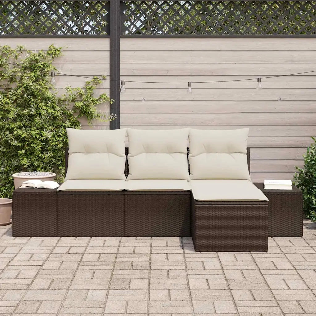 Set Divano da Giardino con cuscino 4 pz | Set Salotto da Giardino Marrone polyrattan