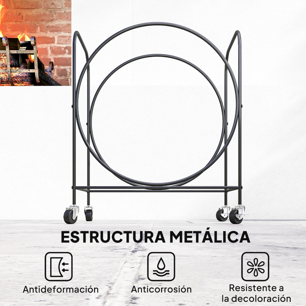 Portale legna con ruote ¨C Xylo ¨C metallo nero 51x30x60 cm per camino interno esterno