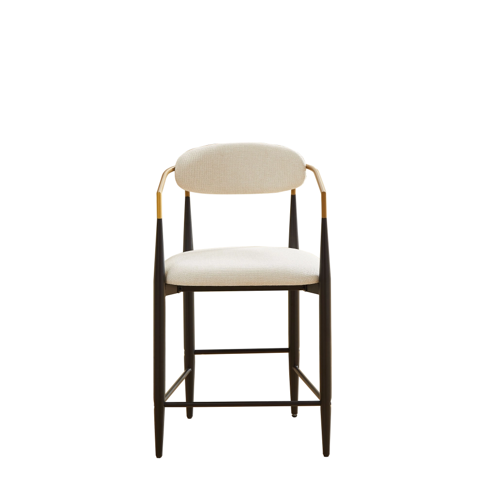 Set da 2 sgabelli da bar con braccioli, struttura in metallo nero e seduta in tessuto beige