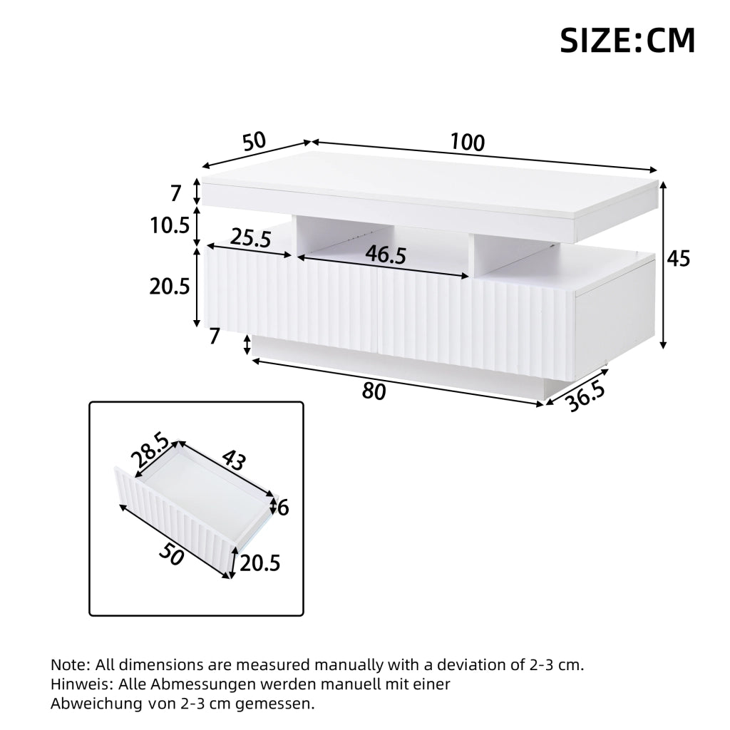 Tavolino da caffè con 2 cassetti; vano aperto e striscia LED - per soggiorno - 100×50×45 cm - in truciolare - bianco