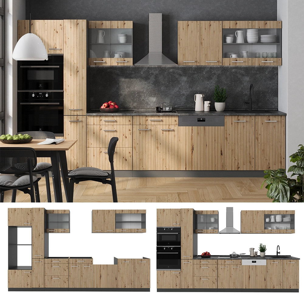 Vicco Cucina  Rovere artigianale/antracite 350 cm con armadio alto, PL Marmo