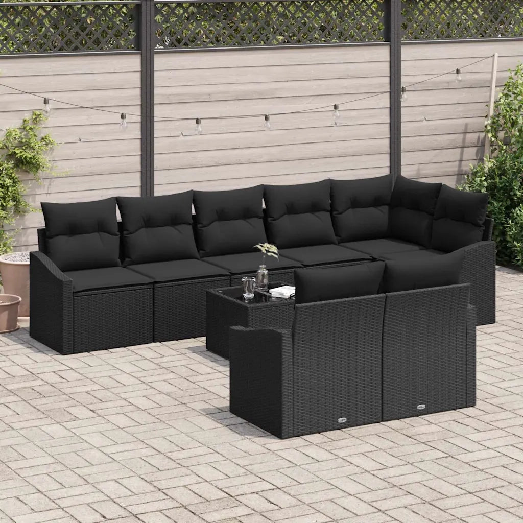 Set Divano da Giardino con cuscino 9 pcs Nero polyrattan