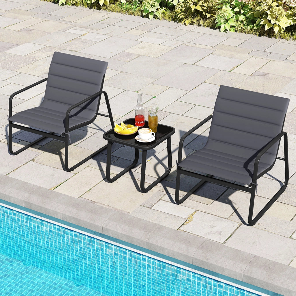 Set bistrò da esterno 3 pezzi metallo moderno piano vetro temperato cuscini rimovibili-Sedie da giardino traspiranti set relax per cortile esterni