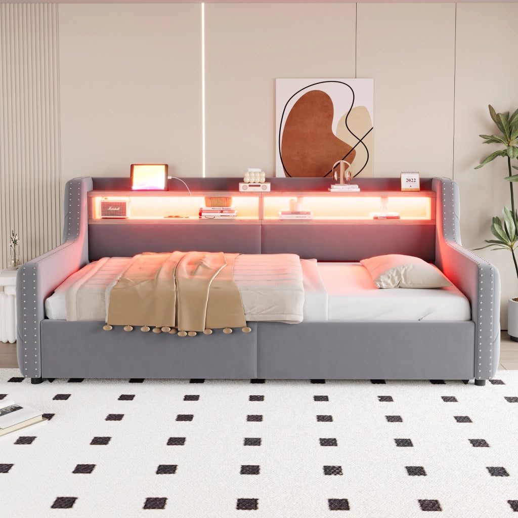 Letto singolo 90×200 cm con contenitore; LED; ripiano; USB e Type-C; senza materasso; velluto; grigio chiaro
