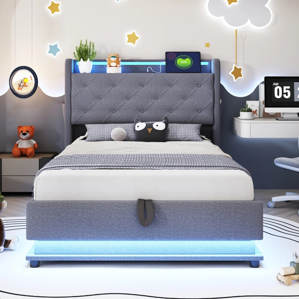 LETTO imbottito 90x200 cm con luci LED, porte USB e vano, grigio