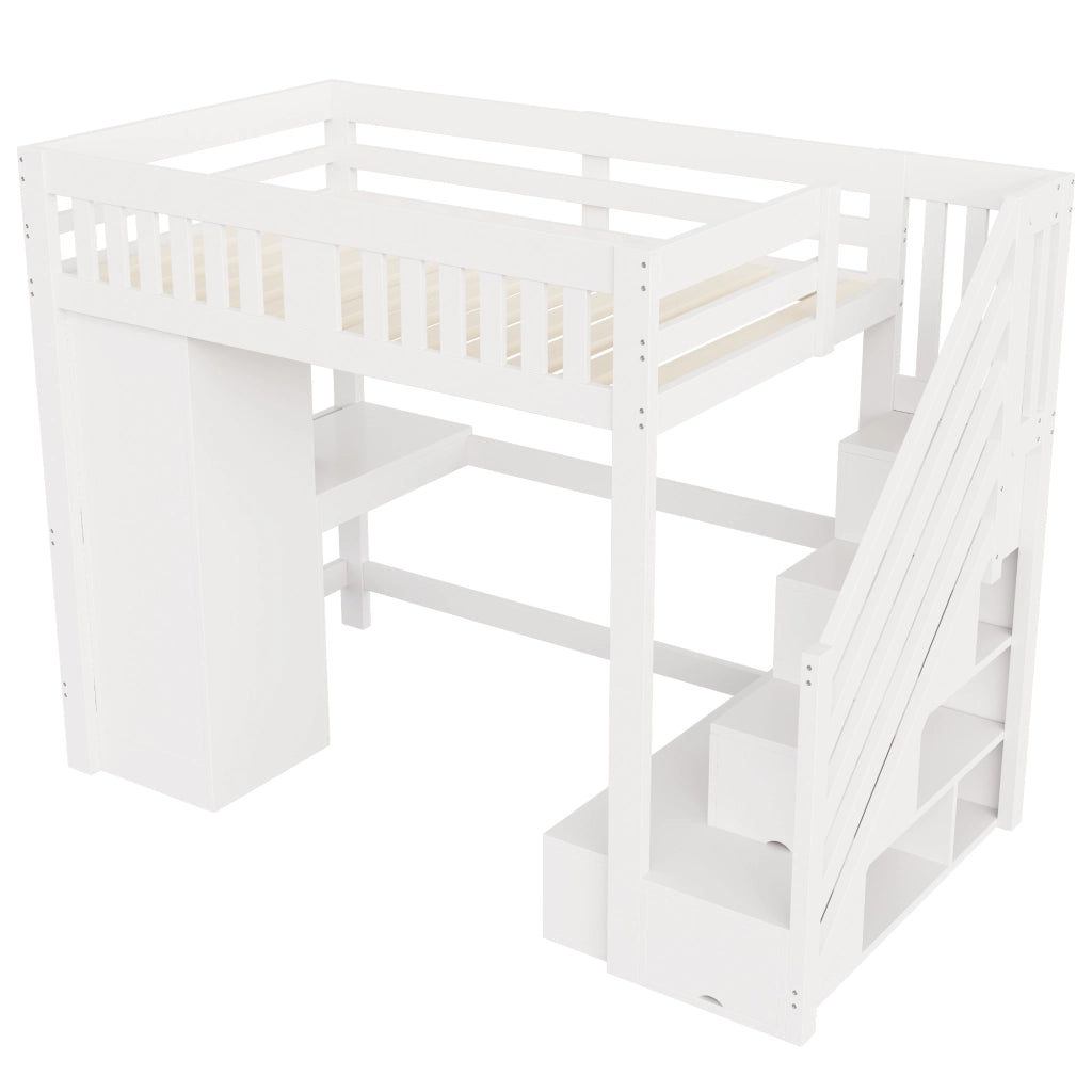 DESMIU Letto a soppalco 140 × 200 cm 2 posti con scala, scrivania, armadio, LED e panca contenitore, senza materasso
