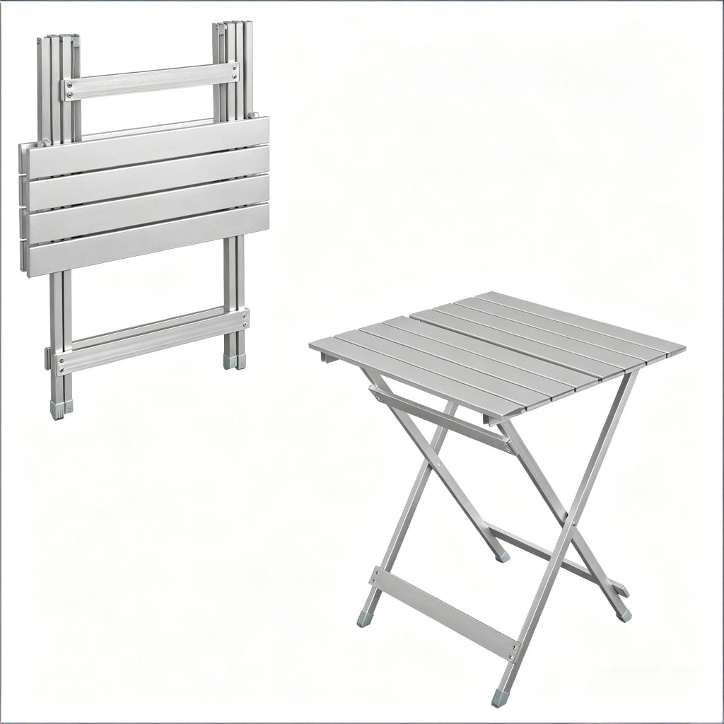 Tavolino da giardino pieghevole in lega di alluminio con struttura a X e piedini antiscivolo per esterno; 50.5×46.5×60 cm