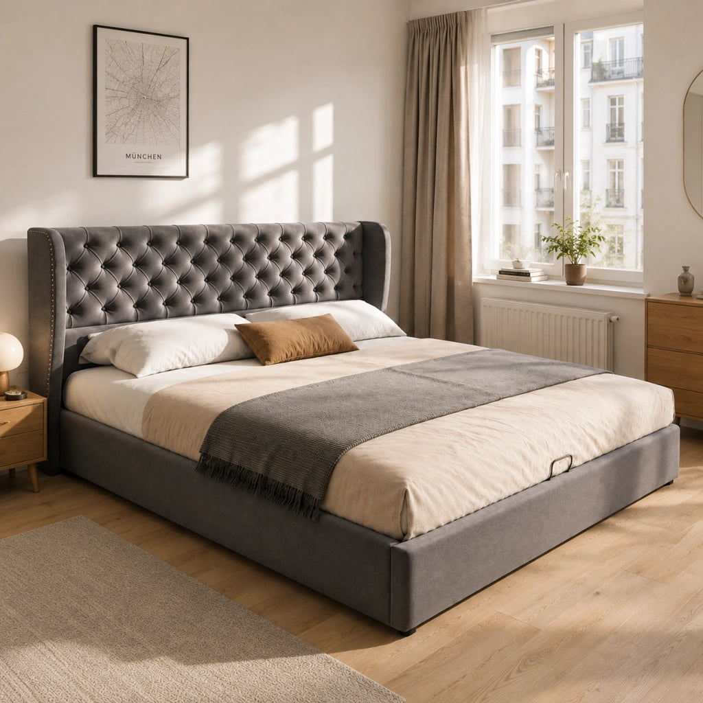 DESMIU Letto Contenitore Letto Matrimoniale con Vano Idraulico 180 × 200 cm, senza materasso, in Velluto, Grigio