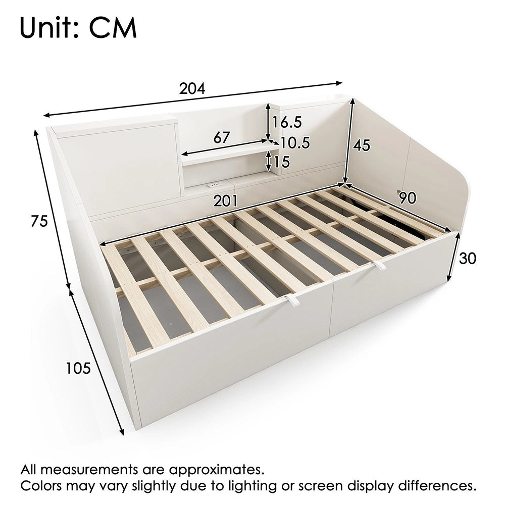 Letto giorno-Xylo-90x200cm legno 2 ripiani USB idraulico bianco senza materasso
