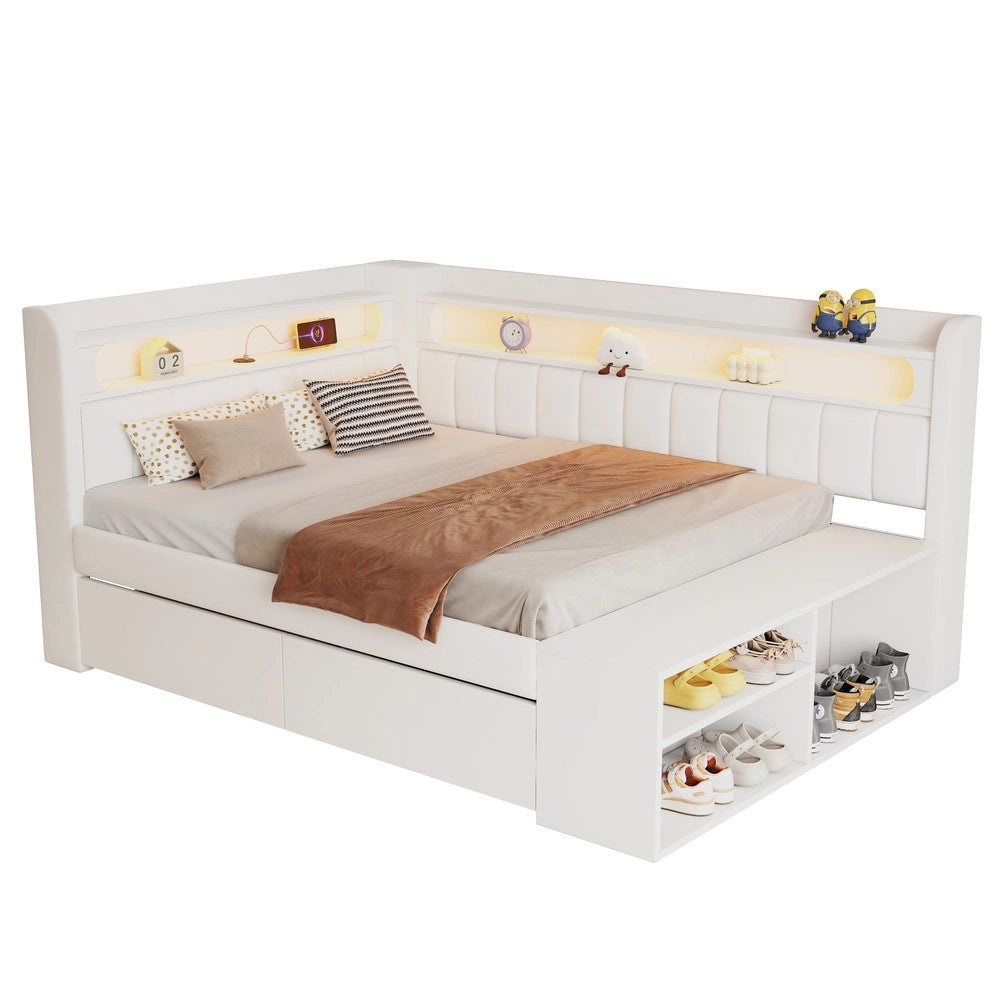 Letto Singolo Imbottito con Contenitore, USB, LED e Scarpiera ¨C Xylo ¨C Bianco 90x200