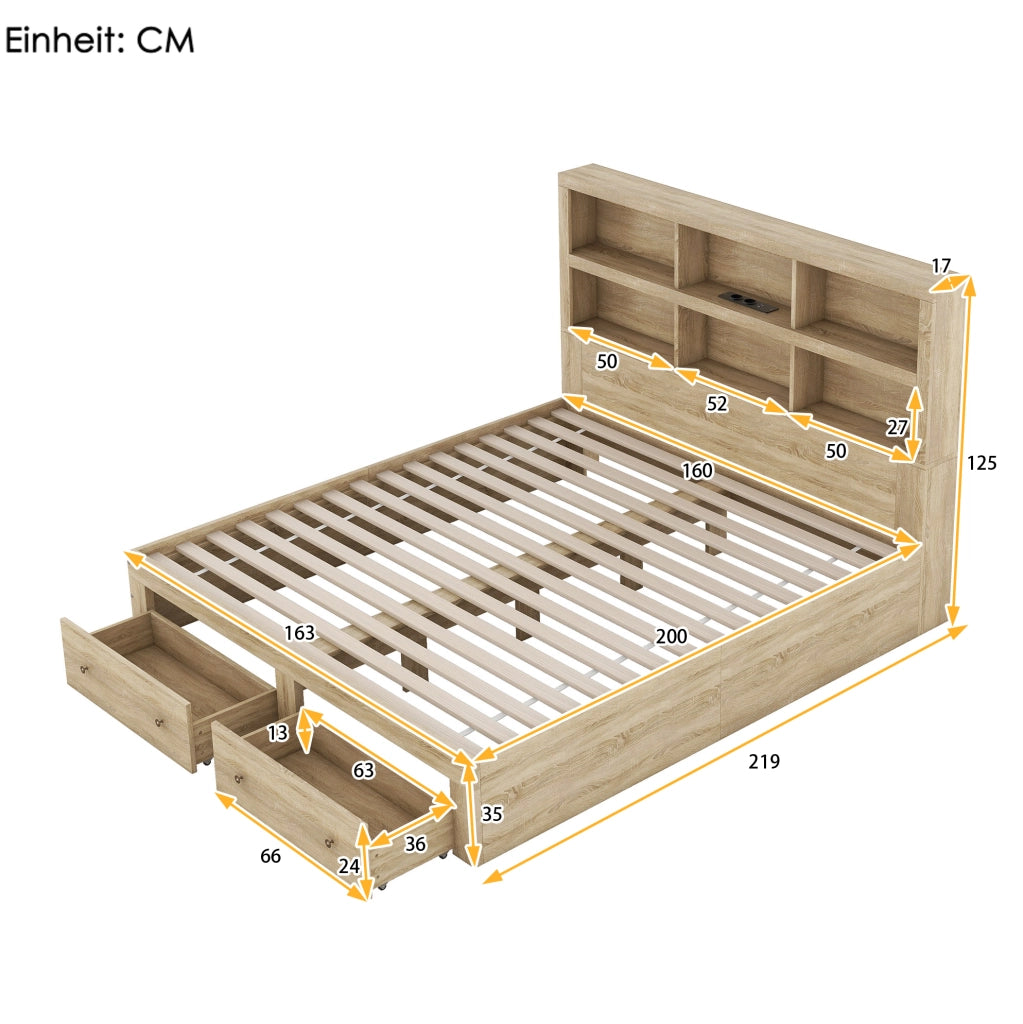 Letto matrimoniale 160x200 cm in truciolare naturale con testiera contenitore; USB e 2 cassetti
