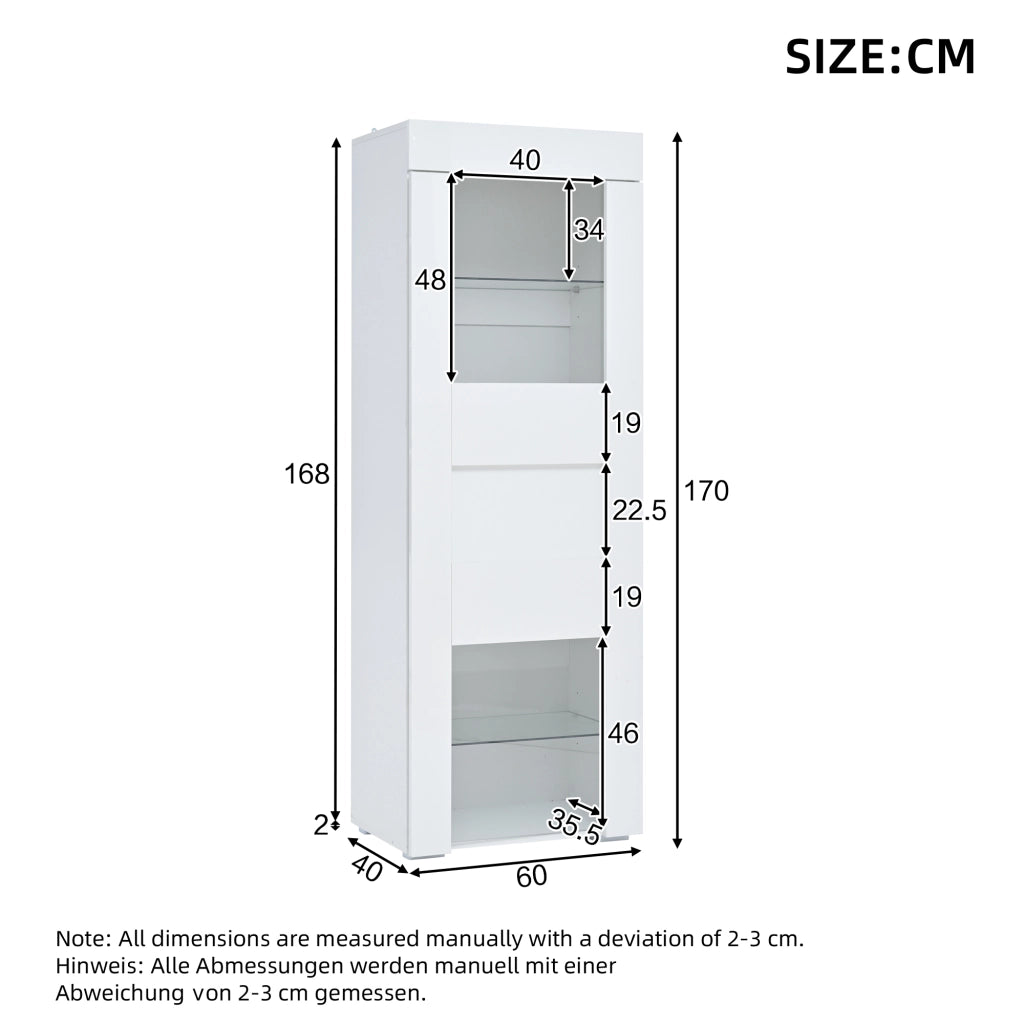 Vetrina alta 60 x 40 x 170 cm bianca con LED, anta in acrilico e 2 ripiani in vetro