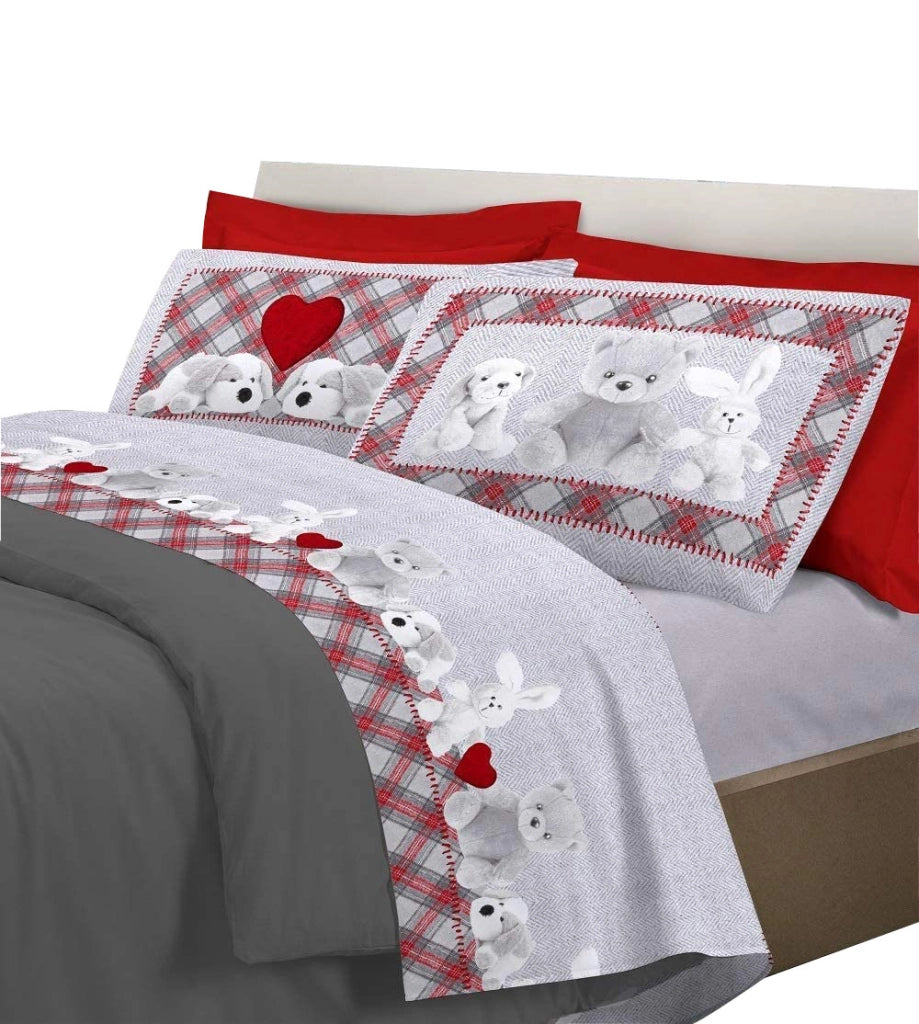 Completo letto lenzuola, stampa digitale peluche 100% cotone, made in italy Rosso - Singolo