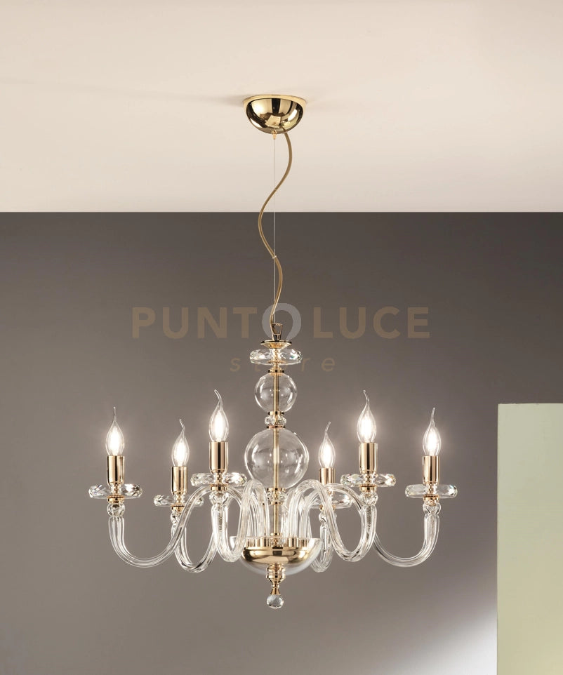 LAMPADARIO BACH 6 LUCI CRISTALLO E FINITURA ORO ATTACCO E14