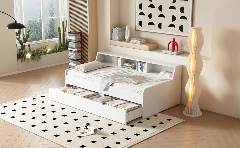 DESMIU Letto singolo 90 × 200 cm con 2 cassetti e 3 vani portaoggetti, senza materasso, in legno di pino e MDF, bianco