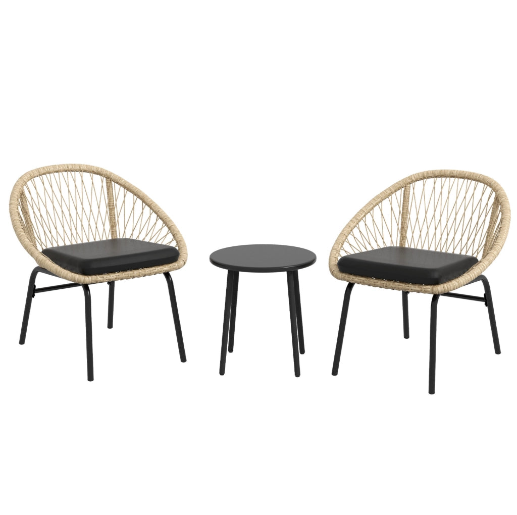 Set bistro da giardino 3 pezzi in rattan con 2 sedie; tavolino rotondo e cuscini giallo