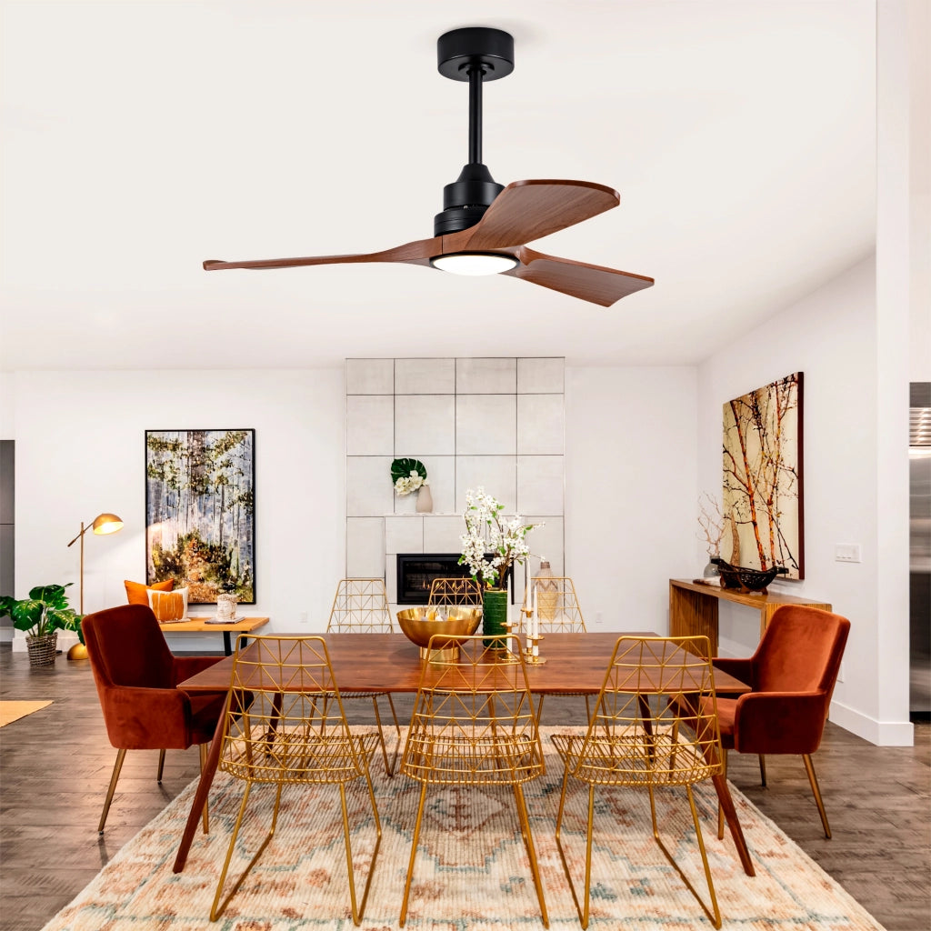 Ventilatore da soffitto con luce e telecomando, motore dc silenzioso, alette in abs nero e noce scuro