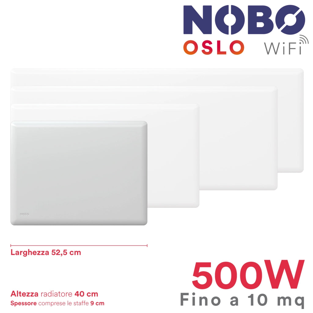 Norwegian electric radiator NOBO OSLO WiFi 500W, perfect for rooms up to 10 m², providing uniform and eco-friendly heating.