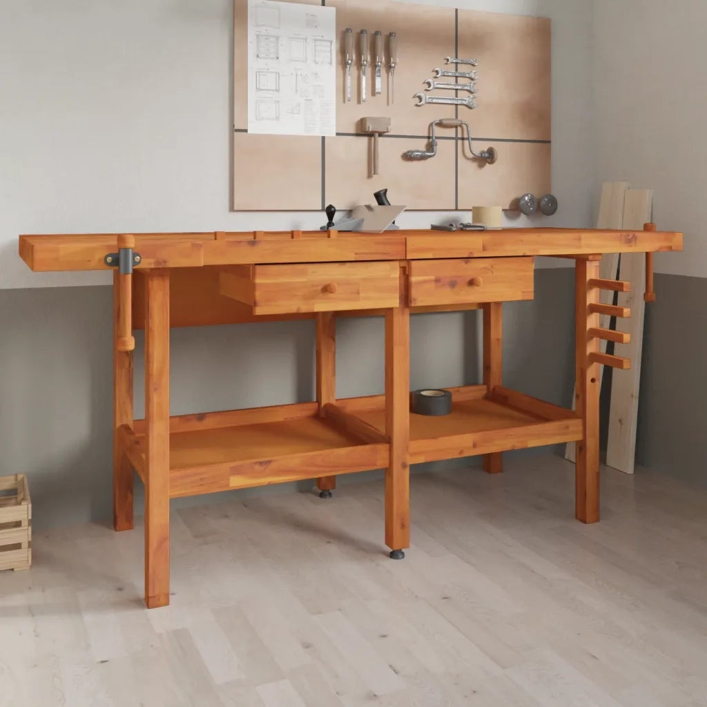 Banco Lavoro Cassetti e Morse 192x62x83cm Legno Massello Acacia 153325