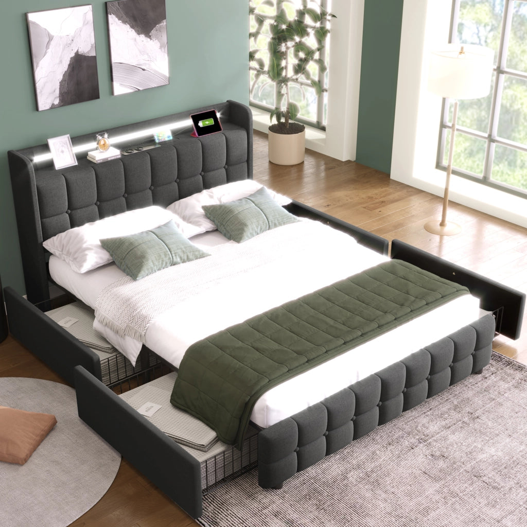 LETTO imbottito 140x200 cm grigio con 4 cassetti, USB e LED