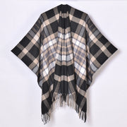 Nuovo scialle a quadri, cardigan/mantella da donna classico in jacquard con spacco e nappine, lavorato a maglia.