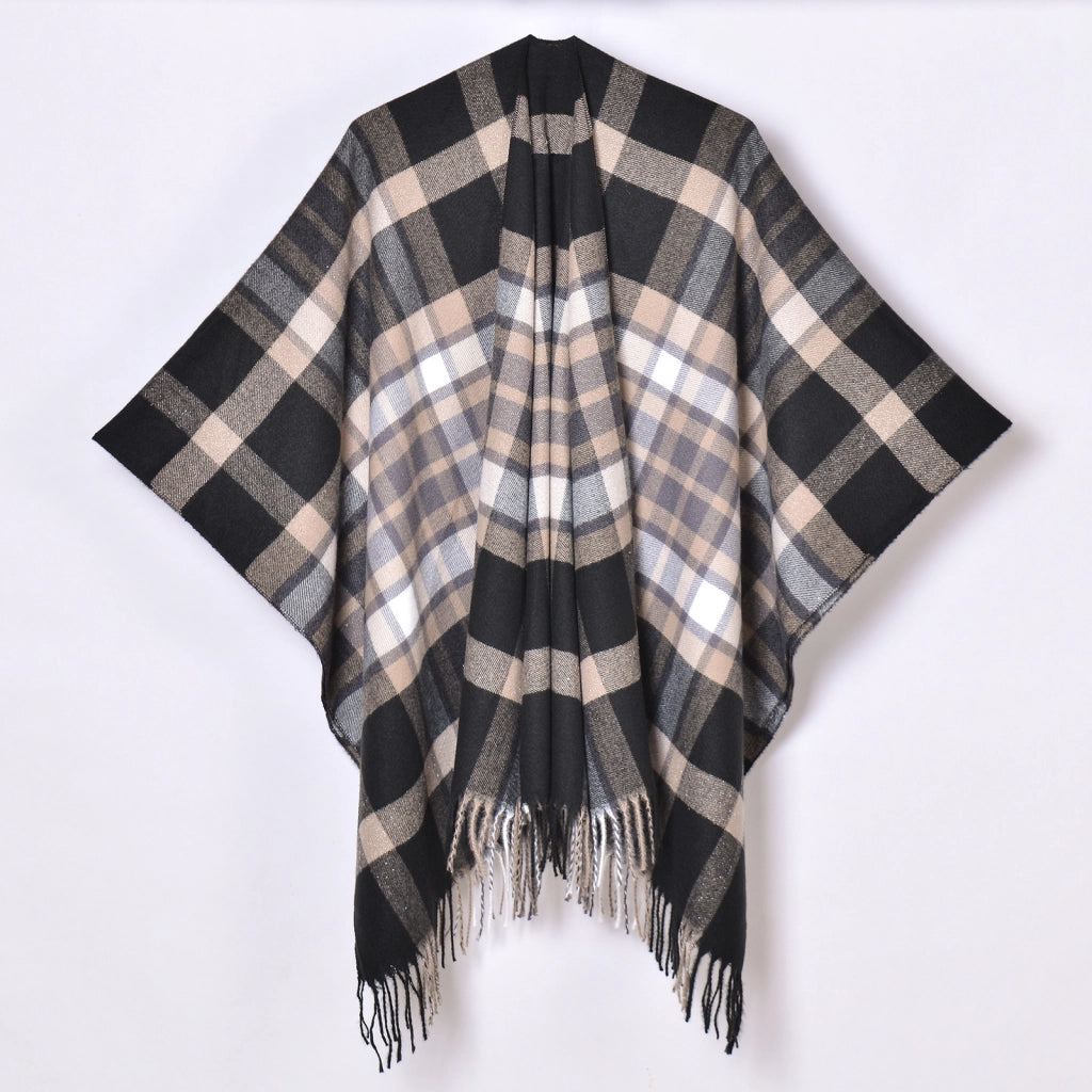 Nuovo scialle a quadri, cardigan/mantella da donna classico in jacquard con spacco e nappine, lavorato a maglia.