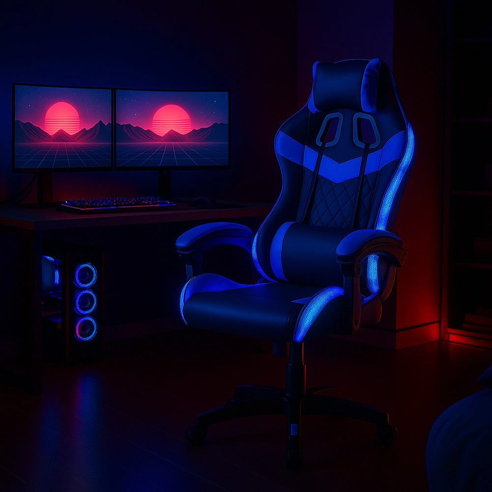 Sedia da Gaming con Led RGB Altezza Regolabile 106-116 cm in Pelle PU Blu e Nero