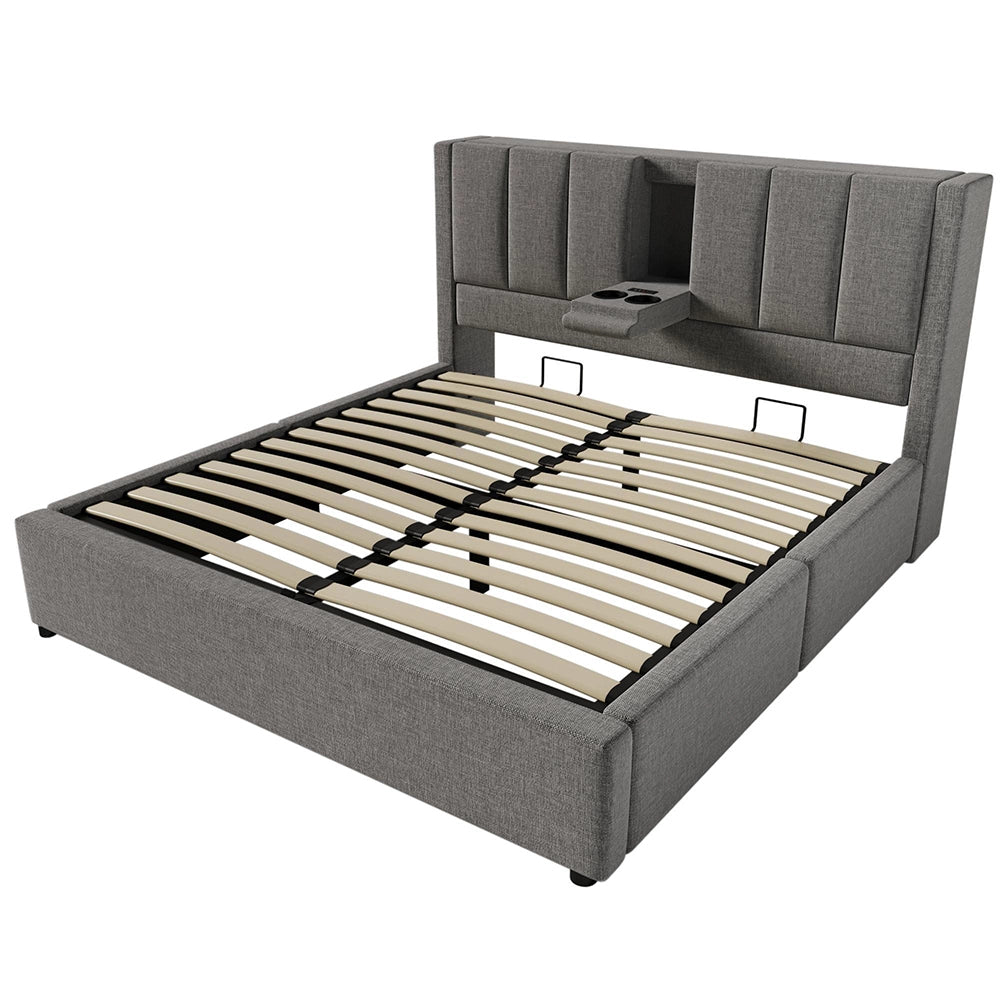 Letto imbottito-Xylo-140x190cm doppio porta-bicchiere USB idraulico lino grigio senza materasso