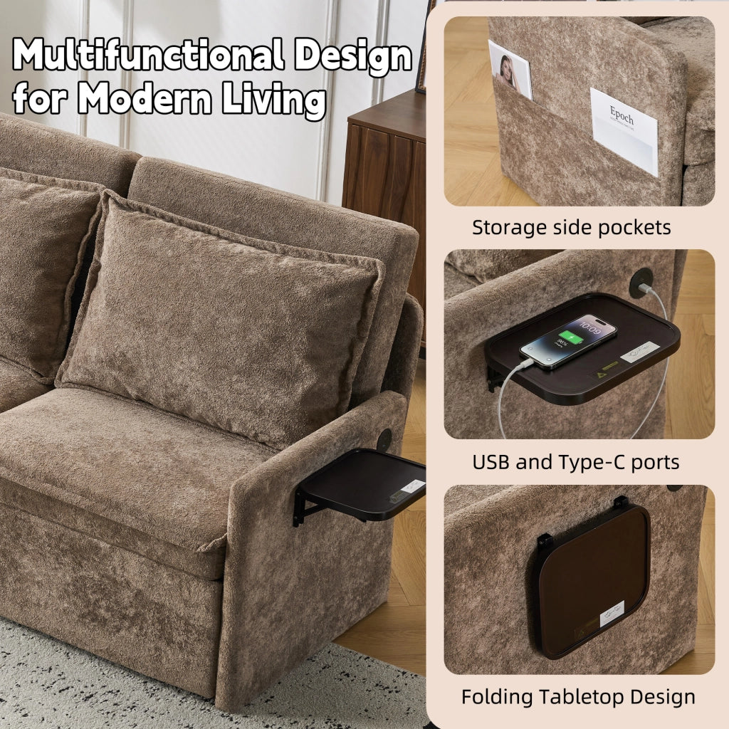 Divano letto con cuscini e USB, 3 in 1, schienale regolabile, contenitore, chenille, marrone ¨C Minimal