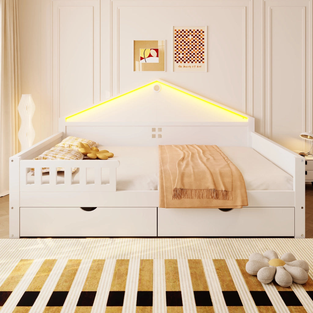 Letto singolo 140×200 cm con 2 cassetti; barra LED; senza materasso; in legno massello e MDF; bianco