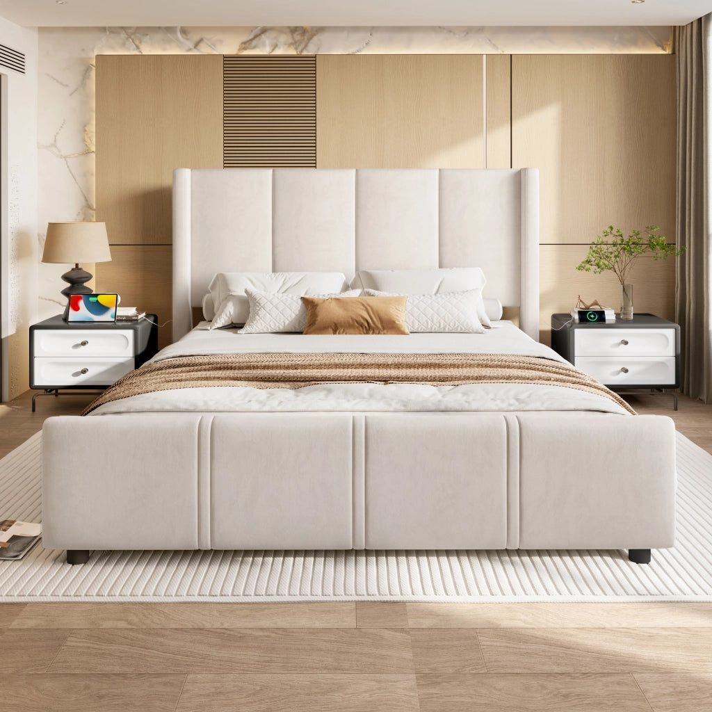 Letto Matrimoniale 140 x 200 cm; USB e Type-C; Testiera Alta e Pediera Alta; in Velluto Beige