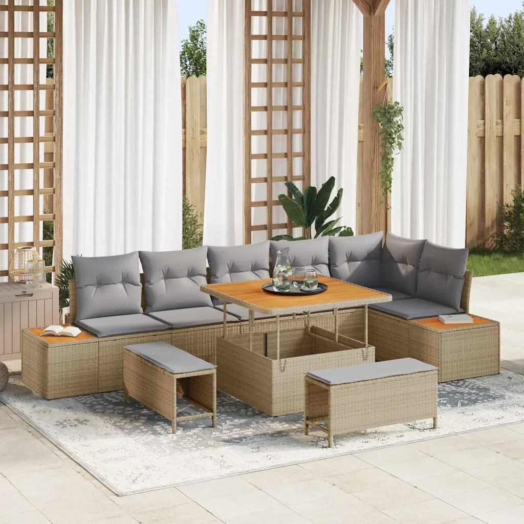 Set Divano da Giardino con cuscino 9 pcs Beige Poly Rattan