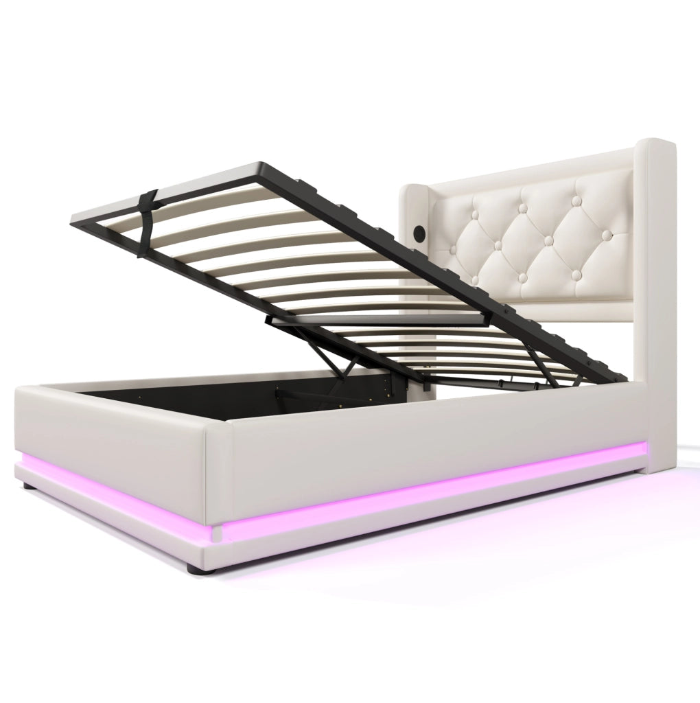 Letto singolo imbottito 90x200 cm in PU bianco con contenitore; LED e USB Type-C