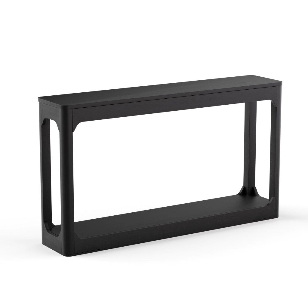 Tavolo consolle nero 140 cm con ripiani aperti, struttura in MDF, design moderno minimalista